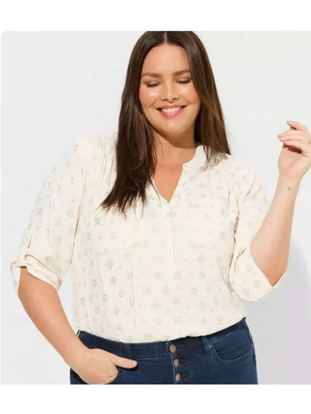 Torrid Harper Cream and Gold Printed Roll Tab Tunic Top Size 5x NWT